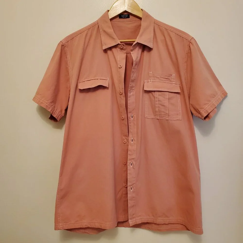 Coofandy Men’s Salmon Pink Short Sleeve Casual Button-Down Shirt - L - Picture 4 of 9